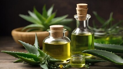 aloe vera oil, Herbal and organic oil, & water extract, a concept of alternative medicine made using aloe vera and other natural compounds leaves created with generative ai.	