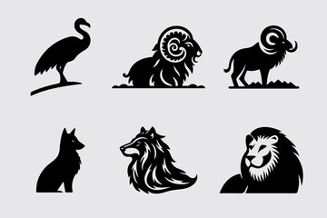 A set of animal silhouettes, including a bird, a lion, a ram, a fox, a bird, a ram, and a bird