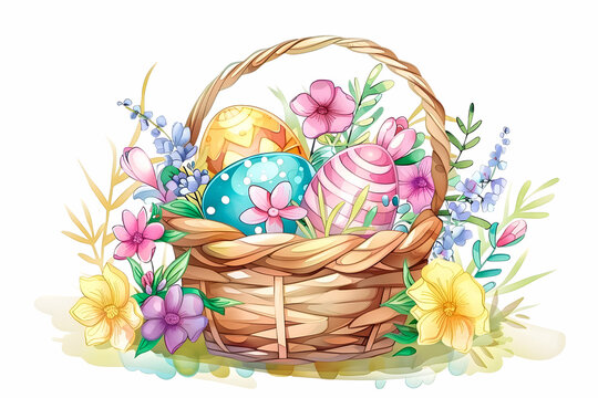 Wicker basket with colorful Easter eggs and spring flowers.