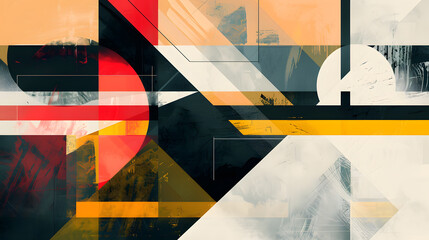 A geometric abstract design with bold shapes and colors, with details of the design's sharp lines, contrasting colors, and sense of balance.