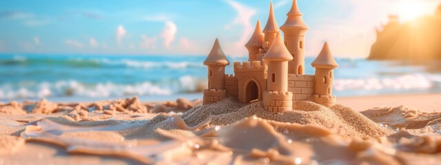 Sand castle on the ocean beach. Summer kids holidays on the sea side, sea coast. Concept of summer vacation for postcard, banner, poster, advertisement with copy space. - obrazy, fototapety, plakaty