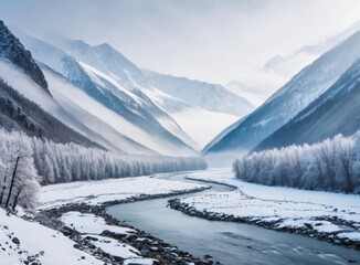 Obraz premium A mountain stream, partly frozen, winds through snow. Mist rises delicately in the crisp morning air.