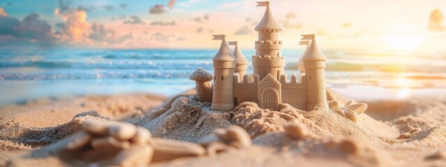 Sand castle on the ocean beach. Summer kids holidays on the sea side, sea coast. Concept of summer vacation for postcard, banner, poster, advertisement with copy space. - obrazy, fototapety, plakaty