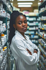 Woman in White Lab Coat in Pharmacy Aisle