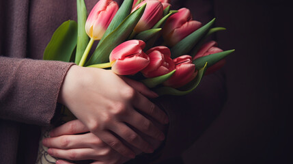 Hands holding a bouquet of pink spring tulips generative ai illustration