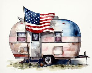 Vintage Camper Van Watercolor Generative AI Illustration American Flag Theme