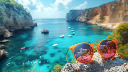 Colorful Sunglasses Framing A Breathtaking Coastal Landscape From A Cliff