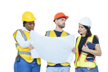 Isolated on white background with clipping path. Team of construction contractor talking - discussing about the building plan together at construction site.