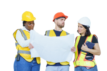 Isolated on white background with clipping path. Team of construction contractor talking - discussing about the building plan together at construction site.
