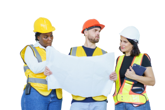 Isolated on white background with clipping path. Team of construction contractor talking - discussing about the building plan together at construction site.