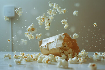 movie watching snacks: popcorn sprinkling from bag (generative AI) - obrazy, fototapety, plakaty