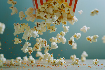 movie watching snacks: popcorn sprinkling from bag (generative AI)