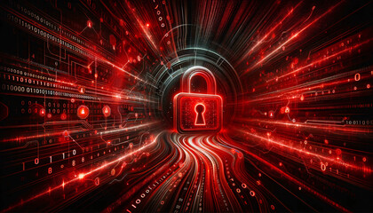 Intense cybersecurity visualization with red digital locks and binary code, signaling urgency in data protection. - obrazy, fototapety, plakaty