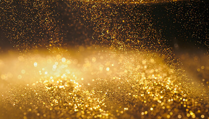 Fototapeta na wymiar Abstract elegant, detailed gold glitter particles flow with shallow depth of field underwater. Holiday magic shimmering luxury background. Festive sparkles and lights. de-focused.