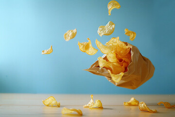 movie watching snacks: flying potato chips / crisps (generative AI) - obrazy, fototapety, plakaty
