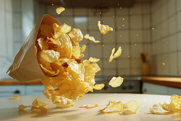 movie watching snacks: flying potato chips / crisps (generative AI) - obrazy, fototapety, plakaty