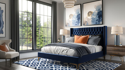 A cozy, chic bedroom featuring a plush navy blue bed, geometric patterned rug, and a striking modern art piece above the headboard, with large windows showing a moonlit night.