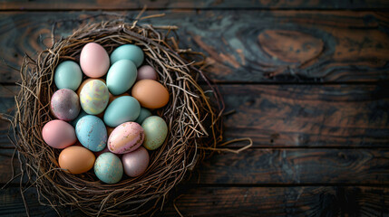 A nest full of colorful easter eggs placed on a rustic wooden table, top view