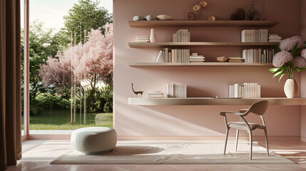 A luxurious home office in soft pastel pink, featuring a minimalist desk, ergonomic chair, floating...