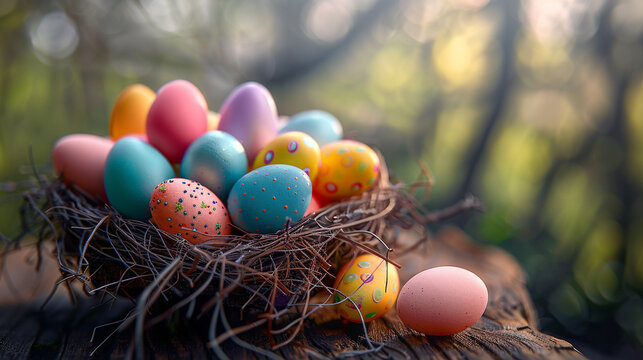 A nest full of colorful easter eggs placed on a rustic wooden table, top view