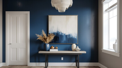 A stunning entryway with a deep blue accent wall, a minimalist console table, modern art pieces,...