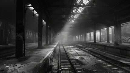 Derelict Train Station: Capture the eerie beauty of a deserted train station with empty platforms, rusted tracks, and peeling paint. Convert the image to black and white. Generative AI