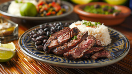 Sliced picanha with rice and black beans on a plate