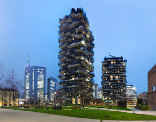 Milan - The Bosco Verticale buildings  designed by Boeri Studio and Torre UniCredit building by architect César Pelli 