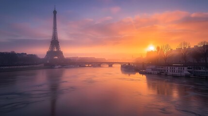Fototapeta na wymiar Eiffel Tower and Seine River at sunrise, Paris, France