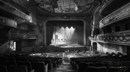 Deserted Theater: Capture the faded grandeur of an abandoned theater or cinema, with crumbling balconies, torn curtains, and faded marquees. Generative AI - obrazy, fototapety, plakaty