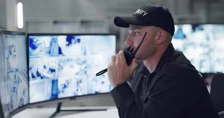 Man, walkie talkie or talking with cctv monitor for protection, security service or building safety at night. Face, video surveillance agency or guard in control room with footage or camera for crime