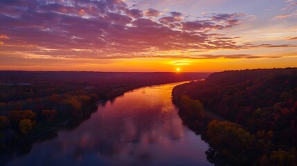 fall sunset above river
