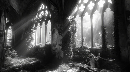 Forgotten Church: Photograph an abandoned church or chapel with weathered stone walls, broken stained glass windows, and ivy creeping up the facade. Generative AI