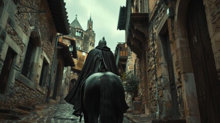 Knight riding a horse an old medieval city street.generated AI. - obrazy, fototapety, plakaty