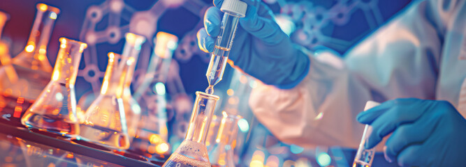 Chemical laboratory in beautiful neon lighting in blue-yellow colours, close-up of doctor taking...