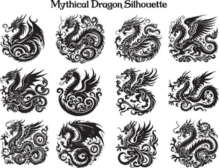 Mythical Dragon Silhouette Vector Illustration Set