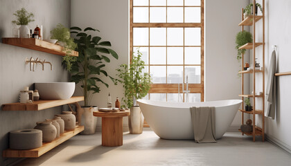 bathroom with large tub centerpiece in Japandi Style