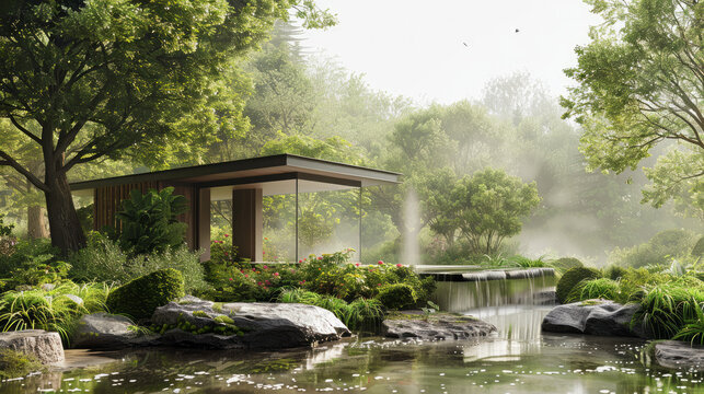 Mindfulness Pavilion: Photograph a contemporary pavilion nestled within a lush green landscape, offering panoramic views of nature. Generative AI