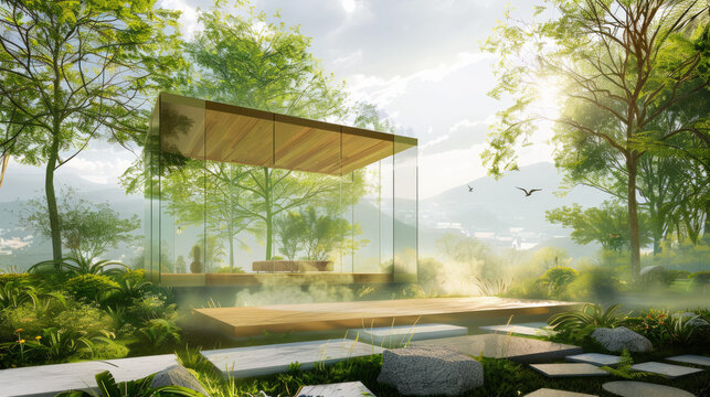 Mindfulness Pavilion: Photograph a contemporary pavilion nestled within a lush green landscape, offering panoramic views of nature. Generative AI