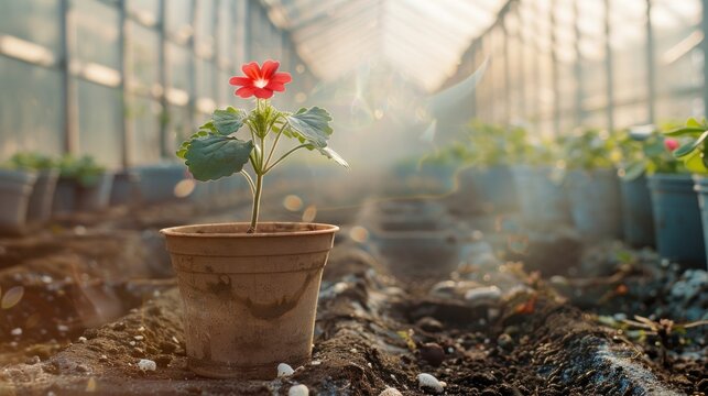 Flower in the pot in a greenhouse.Generated AI.