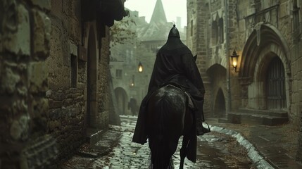 Knight riding a horse an old medieval city street.generated AI. - obrazy, fototapety, plakaty