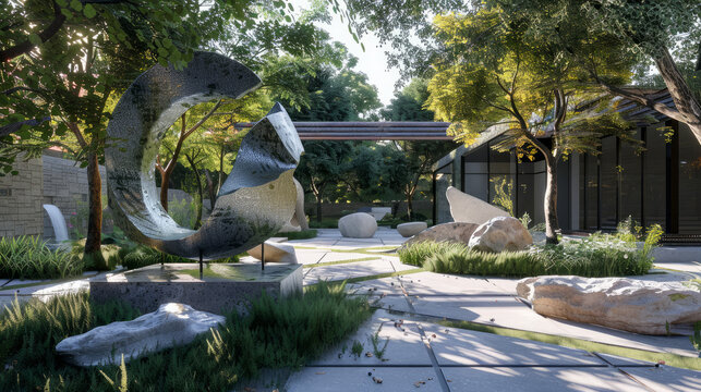 Mindfulness Sculpture Garden: Capture an outdoor sculpture garden within a contemporary architectural setting, showcasing abstract sculptures surrounded by carefully curated landscaping. Generative AI