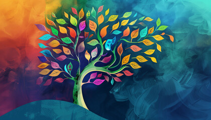 A whimsical illustration of a stylized tree with leaves in a vibrant spectrum of colors, suggesting a lively and colorful take on nature