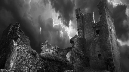 Poster Ruin of a Castle: Photograph the remnants of a medieval castle or fortress, with crumbling walls, moss-covered stones, and empty battlements. Generative AI © Hokmiran