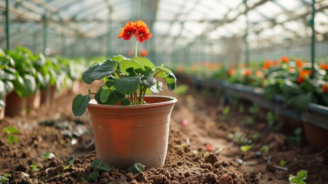 Flower in the pot in a greenhouse.Generated AI.