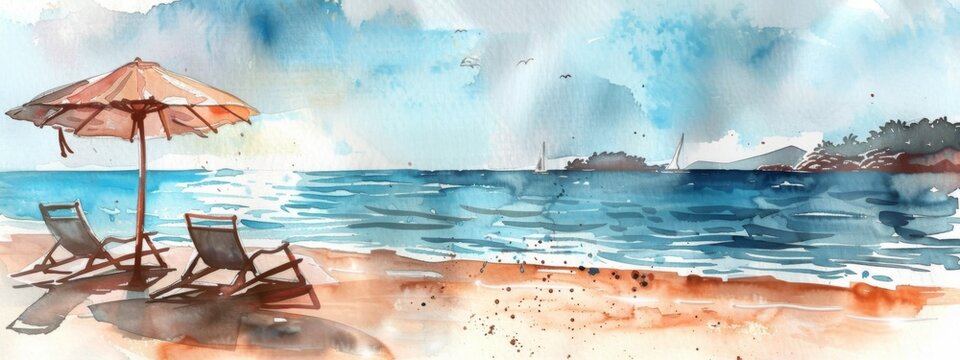 Beautiful beach banner. White sand, chairs and umbrella travel tourism wide panorama background concept. Amazing beach watercolor landscape watercolor painting
 