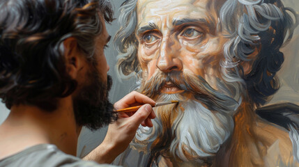 Artist painting a portrait of Saint Joseph, focusing on detailed facial expressions and symbolic attributes