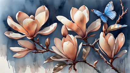magnolia flowers in delicate cream tones in the dew and blue butterfly
