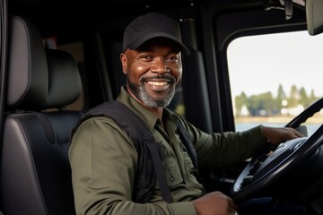 Black man working as a truck driver smiling sitting in the cab of the truck during a break in his travel route, copy space right. Truck drivers and road work.