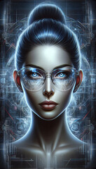 A captivating cyborg woman with visible eyes through transparent VR glasses, set against an intricate cybernetic background.